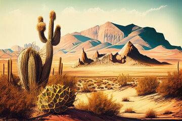 Poster - desert landscape with cactus and sand dunes, surrounded by mountain range in the background, created with generative ai