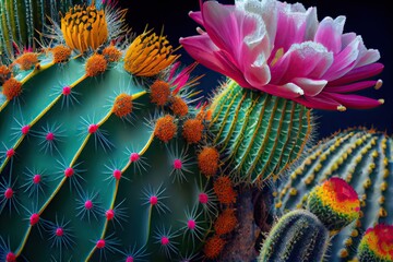 Poster - close-up of cactus with needles and colorful flowers in the background, created with generative ai