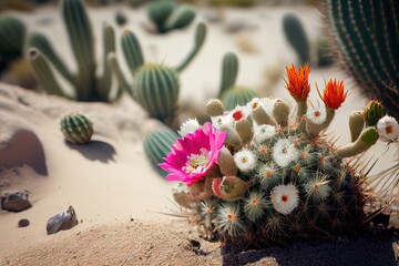 Wall Mural - close-up of cactus with blooming flowers and sand dunes in the background, created with generative ai