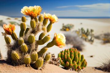 Wall Mural - close-up of cactus with blooming flowers and sand dunes in the background, created with generative ai