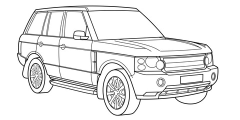 Classic luxury suv car. Crossover car front view shot. Outline doodle vector illustration. Design for print, coloring book