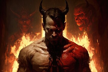 Wall Mural - devil, with view of hellfire and brimstone, as souls are being judged, created with generative ai