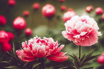 Poster - Raspberry-peach flowers of peonies with buds in garden on blurred background, created with generative ai