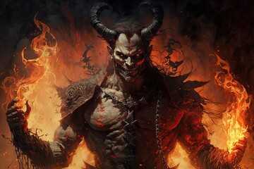 Wall Mural - devil, surrounded by flames and smoke, conjuring up new torments for the damned, created with generative ai