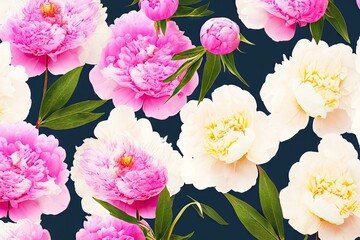 Sticker - White and pink peony flowers with stems and buds on dark background, created with generative ai