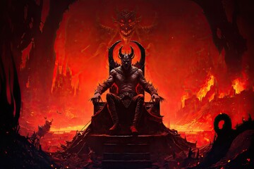 Wall Mural - devil, sitting on throne of hell, looking over its chaotic and fiery domain, created with generative ai