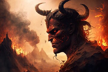 Wall Mural - devil, with view of fiery pits and smoke rising from them, to inspire fear in the damned, created with generative ai