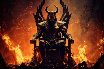 Wall Mural - devil, sitting on throne of flames in hell, with view of suffering mortals, created with generative ai