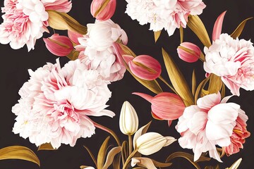 Sticker - Floral ornament large light flowers of peonies with buds on dark background, created with generative ai