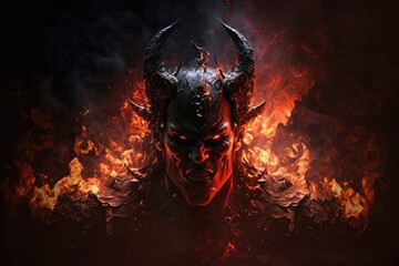 Poster - devil, spreading evil and chaos among souls of hell, with fire and smoke rising around him, created with generative ai