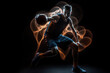 © Supermelon - Generative Illustration AI of a basketball player on dark background. Long exposure photography with motion blur lines