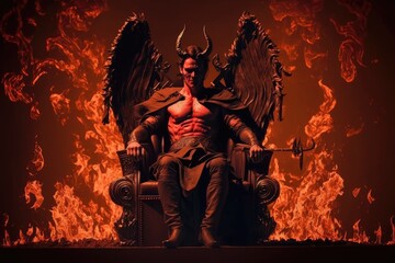 Poster - devil, sitting on throne of fire and smoke, with cowering soul in his clutches, created with generative ai