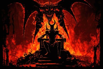 Poster - devil, sitting atop throne of hell, with view of the flames and suffering below, created with generative ai