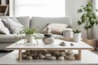 White table shelf with pebble balance and feng shui inscriptions above bohemian living room with couch. Zen inspired mezzanine,. Generative AI