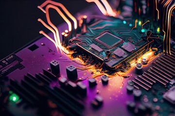 Poster - close-up of a circuit board with wires and chips that are starting to melt, causing sparks and glitches in the circuitry., created with generative ai