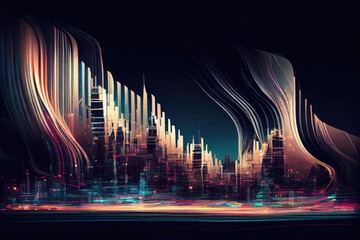 Wall Mural - wavy distortions that glitch across a digital cityscape at night., created with generative ai