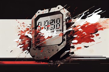 Poster - a glitchy digital stopwatch, counting down to the end of the world., created with generative ai