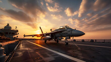 Jet Fighter On An Aircraft Carrier At Sunset, Illustration Ai Generative