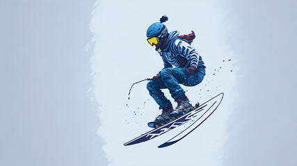 illustration painting of a snowboarding on white background. The snowboarder man doing a trick. Carving.