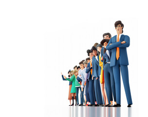 Team of successful business people with front leader standing in line at white. 3D rendering illustration