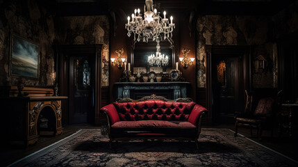 A living room with a Victorian-style design, featuring an ornate velvet sofa, intricate wallpaper, crystal chandelier, dark wood paneling, and a marble fireplace