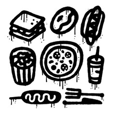 Wall Mural - Fast food elements set in y2k urban graffiti style. Black air sprayed graphic collection. Snack , Junk food - hot dog, pizza, donut, popcorn, soda, sandwich. Vector textured illustration