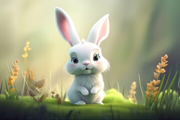 Wall Mural - Cute Cartoon Bunny Rabbit in a Meadow (Generative AI)