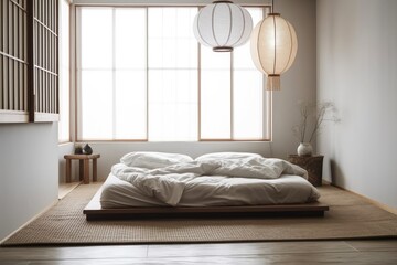 Poster - Zen style Japanese bedroom. Tatami mats, paper lantern, double bed, meditation place. Japanese minimalism,. Generative AI