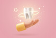 Tooth protection vector illustration. Dentist holding white tooth implant 3d cartoon on light background. Teeth dentistry banner template. Stomatology advertising web banner template