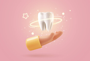 Tooth protection vector illustration. Dentist holding white tooth implant 3d cartoon on light background. Teeth dentistry banner template. Stomatology advertising web banner template