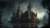 Fototapeta Londyn - dark demonic castle ominous tower cloudy generative ai