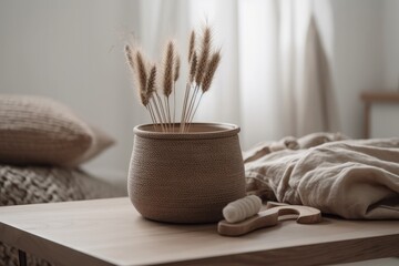 Rabbit tail grass in lovely brown vase, wooden storage box, neutral beige blanket against white wall. Minimalist hygge interior design. Generative AI