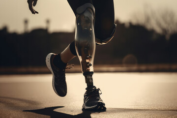 Close up of a disabled person with a prosthetic leg exercising on a sports track. Generative ai