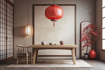 Japandi dining room with white and red minimalist wooden table. Wallpaper mockup. Minimalist interiors. Generative AI