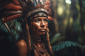 Wall Mural - Indigenous Brazilian Young Woman, Portrait from Guarani Ethnicity Generative AI