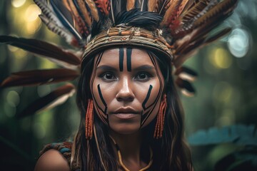 Wall Mural - Indigenous Brazilian Young Woman, Portrait from Guarani Ethnicity Generative AI