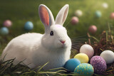 Fototapeta Dinusie - Easter bunny sitting near Easter eggs, green grass. Cute colorful bunny, green background, spring holiday, symbol of Easter, rabbits crawling on the green grass. High quality illustration