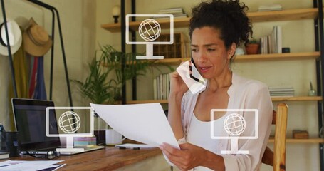 Poster - Animation of icons with screens and globes, data processing over biracial businesswoman in office