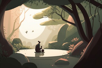 Wall Mural - A Person Sitting On A Rock In A Forest With A Bird Flying Overhead Forest Animation Environment