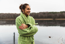 Woman Having A Breath After A Cold Swim In The Lake