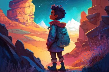 Wall Mural - A Young Boy Standing In A Canyon Looking At The Stars Above Him Canyon Animation Meteorology