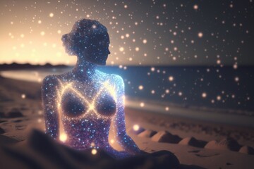 Wall Mural - A Woman Sitting On A Beach With A Body Made Of Stars Moonlit Beach Video Art Spirituality Generative AI 