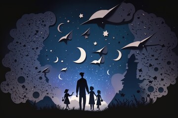 Wall Mural - A Family Standing In The Wo
ods Under A Night Sky With Stars And Moon Lunar Landscape Paper Cutting Astronomy Generative AI  generative Ai, generative, AI, 