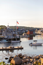 Summer Landscape Harbor Boats  Rockport, Massachusetts  With Flag
