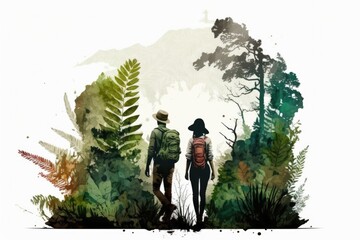 Wall Mural - A Couple Of People Walking Through A Forest Filled With Trees And Plants Rainforest Environmental Art Adventure Travel Generative AI 