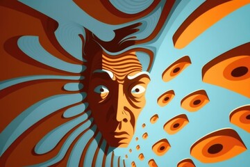 Wall Mural - A Painting Of A Man With A Blue Background And Orange And Blue Feathers Deep Sea Trench Video Art Motion Graphics Generative AI 