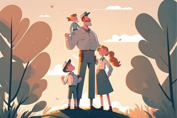 Wall Mural - A Man And Two Children Standing In Front Of A Forest With A Man Holding A Bird National Park Animation Life Insurance Generative AI 