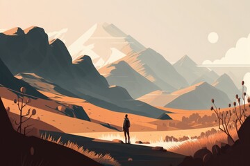 Wall Mural - A Man Standing On A Hill Looking At A Mountain Range With A Lake Desert Sand Dunes At Sunrise Color Field Painting Landscapes Generative AI 