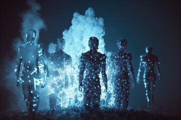 Wall Mural - A Group Of People Standing In Front Of A Blue Light With Smoke Factory Video Art Supply Chain Optimization Generative AI 