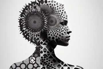 Poster - A Woman With A Futuristic Head And Body Made Of Circles And Dots Factory Kinetic Art Natural Language Processing